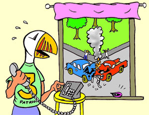 Peter Puffin sees a terrible car accident outside his house. People seem to be hurt and the cars are on fire.