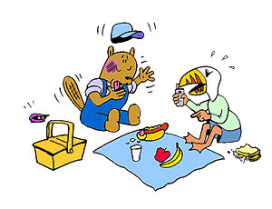 Bernie Beaver chokes on his hotdog. Peter Puffin doesn't know what to do.