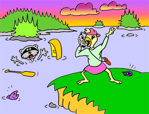 Rocky Raccoon falls out of his canoe and cannot swim.